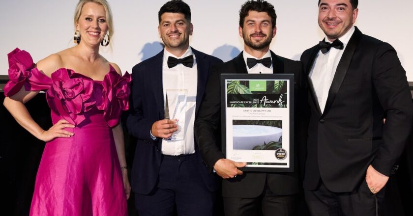 Above: Claire Hooper with Exotic Living, the company awarded the Glazed Co. Landscaper of the Year: Residential Construction for excellence for ‘Mosman Hideaway’. Image: Orlandosydney.com/The Landscape Association