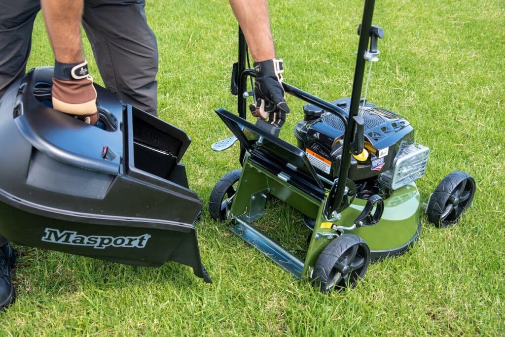 The President has a high-arch deck profile works in conjunction with Masport’s Quadcut® four-blade disc system to maximise airflow, improving clipping lift, catcher fill efficiency and mulching performance. Image: Masport