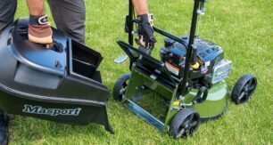 The President has a high-arch deck profile works in conjunction with Masport’s Quadcut® four-blade disc system to maximise airflow, improving clipping lift, catcher fill efficiency and mulching performance. Image: Masport