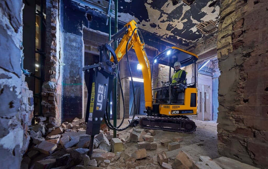 The JCB 19C-1E is the industry’s first fully electric mini excavator. Image: JCB CEA