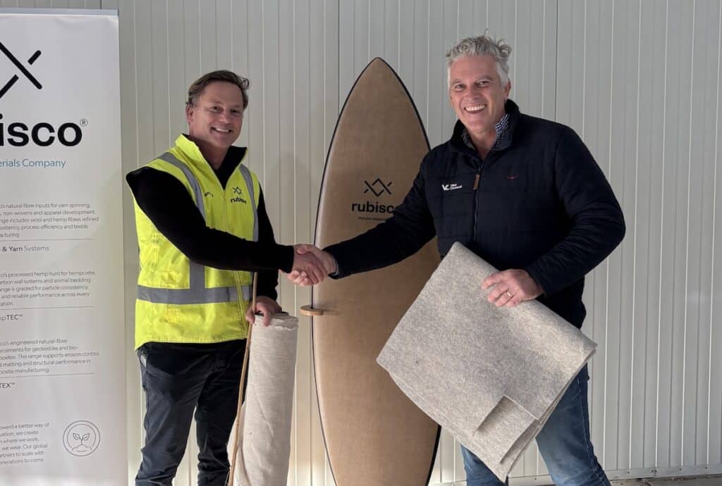 VE Geo-Loc Launch - Rubisco CEO Guy Wills and Vital Chemical Director Paul McMullen. Geotextiles Image: Vital Chemical